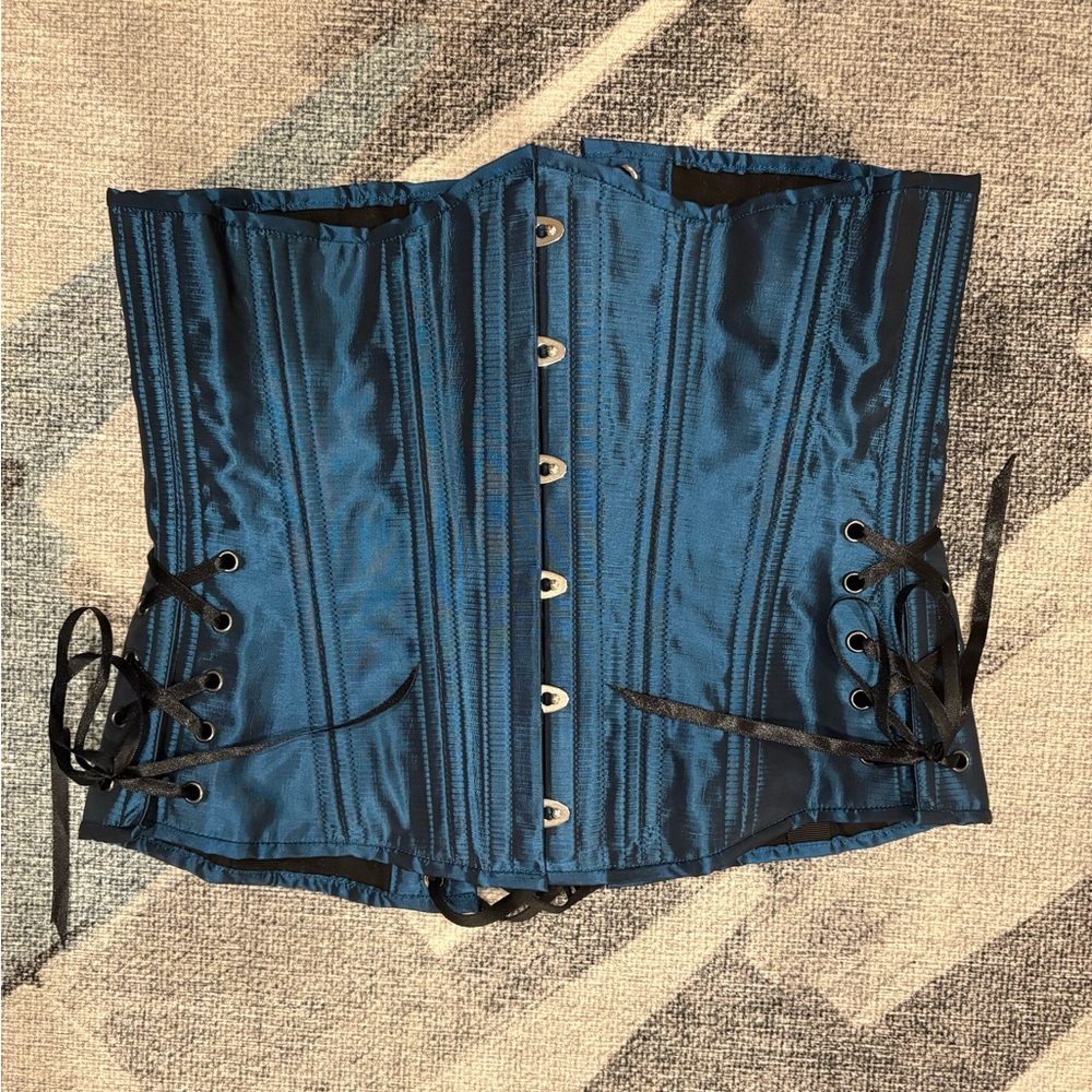 Blue Satin Corset with Black Lace-Up